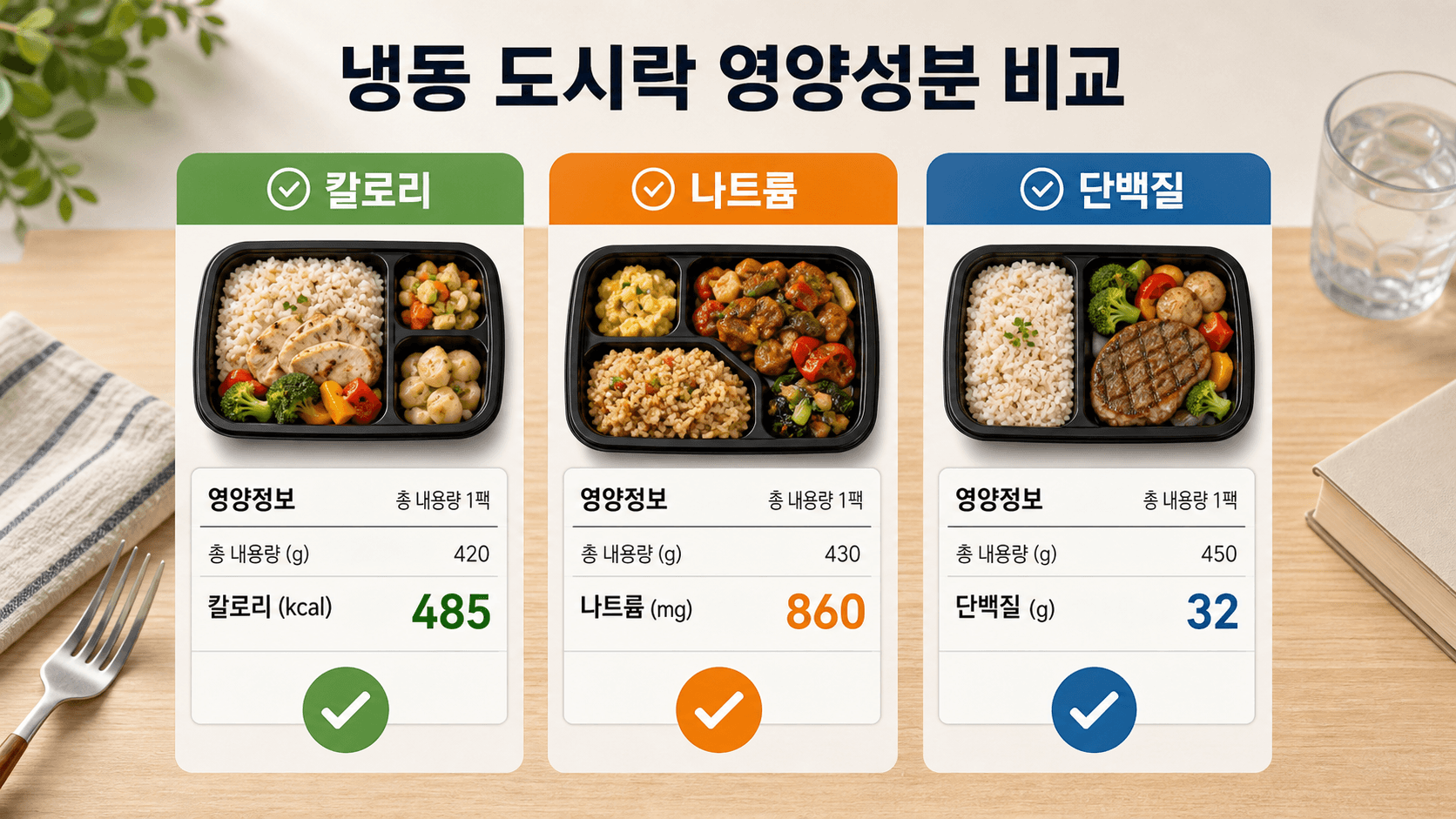 냉동도시락 영양성분표에서 칼로리, 나트륨, 단백질 세 항목을 나란히 비교하는 이미지