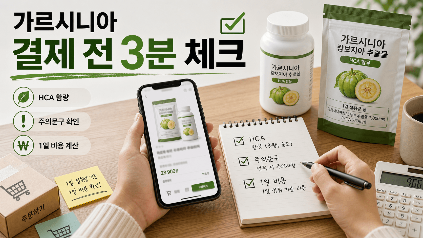 가르시니아 다이어트 보조제를 장바구니에 담기 전 HCA 함량, 주의문구, 1일 비용을 확인하는 이미지