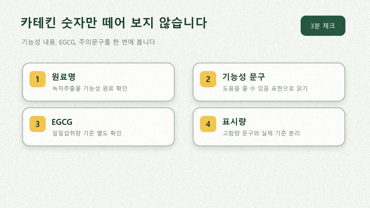 카테킨 함량, EGCG 기준, 기능성 문구를 세 칸으로 나누어 비교하는 녹차추출물 라벨 지도