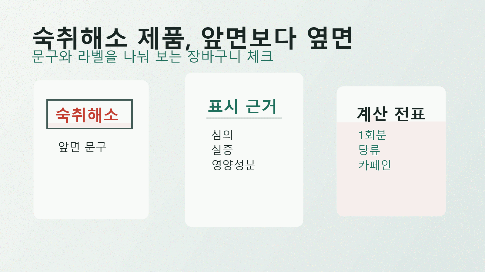 편의점 계산대 앞에서 숙취해소 제품 여러 개와 영양성분표, 휴대폰 메모를 놓고 결제 전 표시 문구를 비교하는 장면