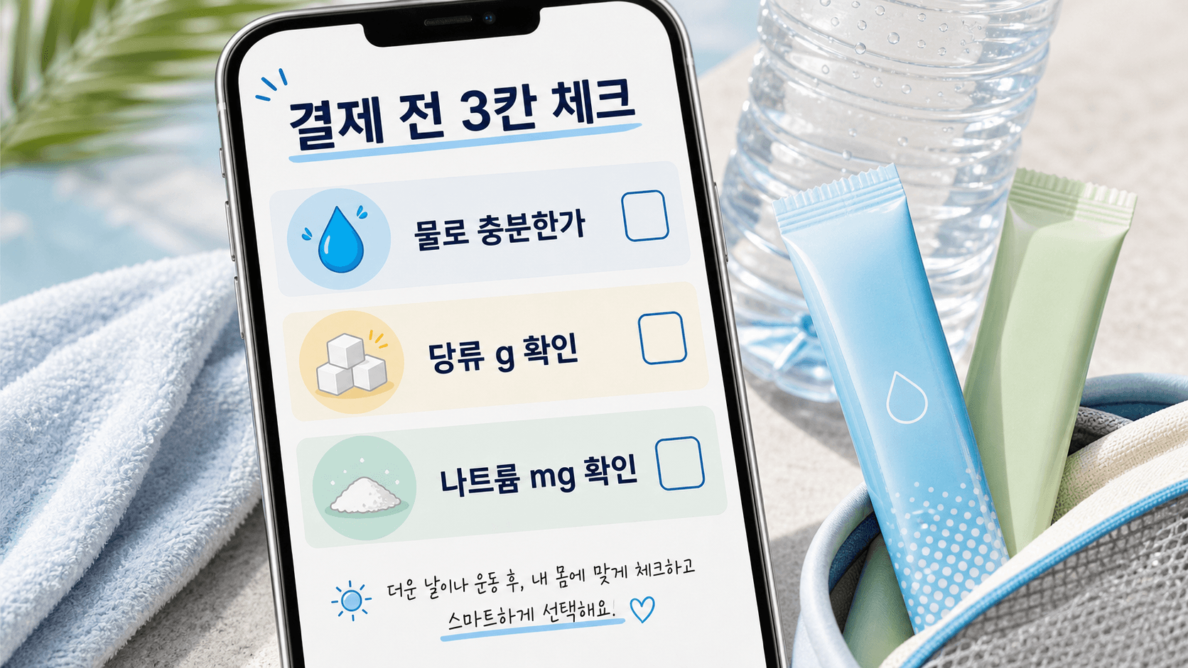 전해질 분말 결제 전 물로 충분한가, 당류 g, 나트륨 mg를 확인하는 3칸 체크리스트