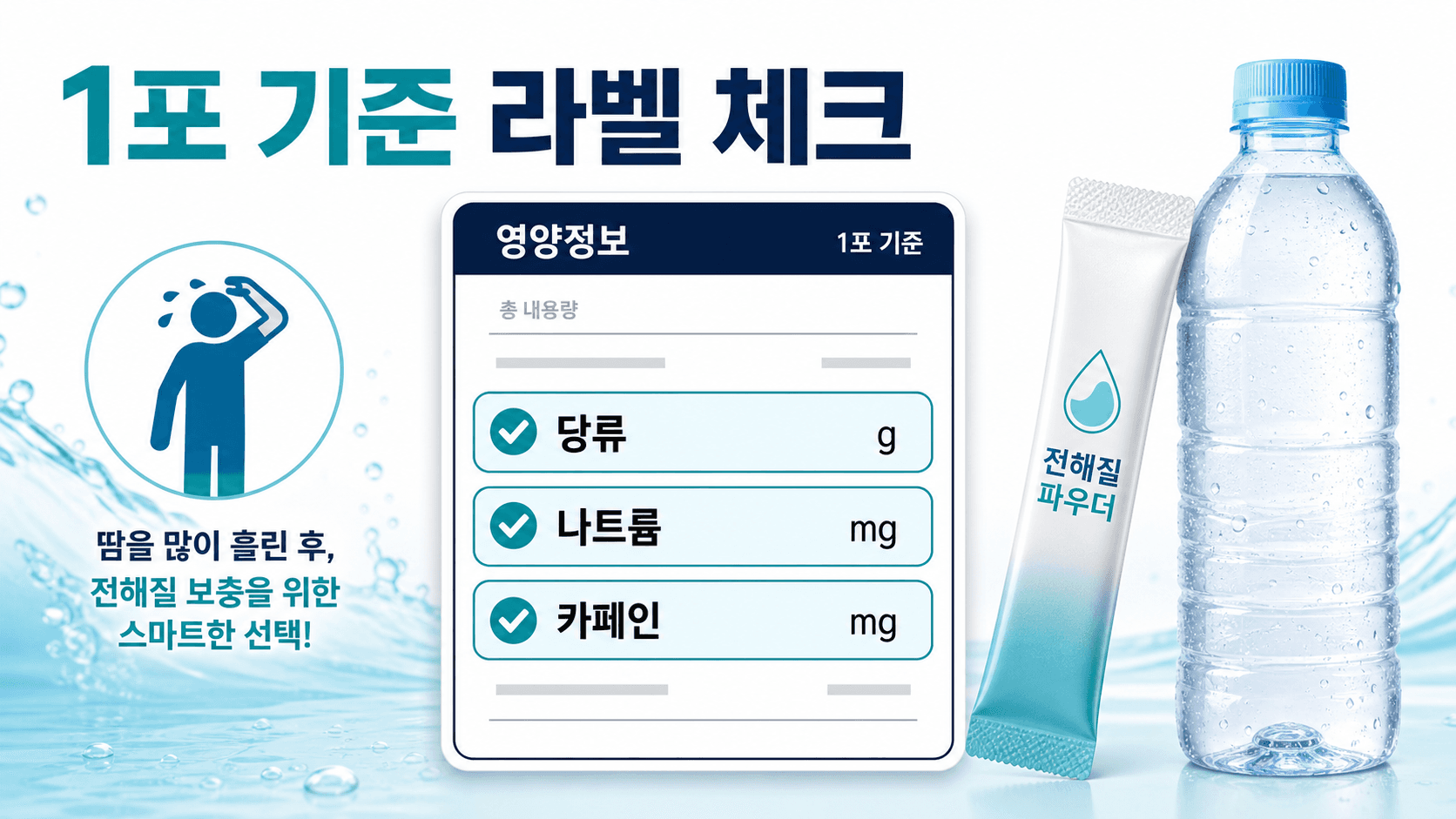 전해질 분말 1포 기준 라벨에서 당류, 나트륨, 카페인 행을 확인하는 이미지