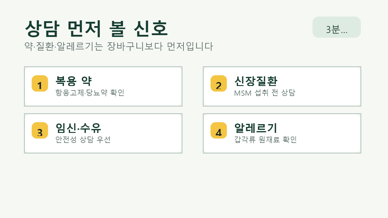 관절 영양제 구매 전 항응고제, 당뇨, 신장질환, 임신 수유, 갑각류 알레르기, 지속 통증을 확인하는 상담 체크 카드