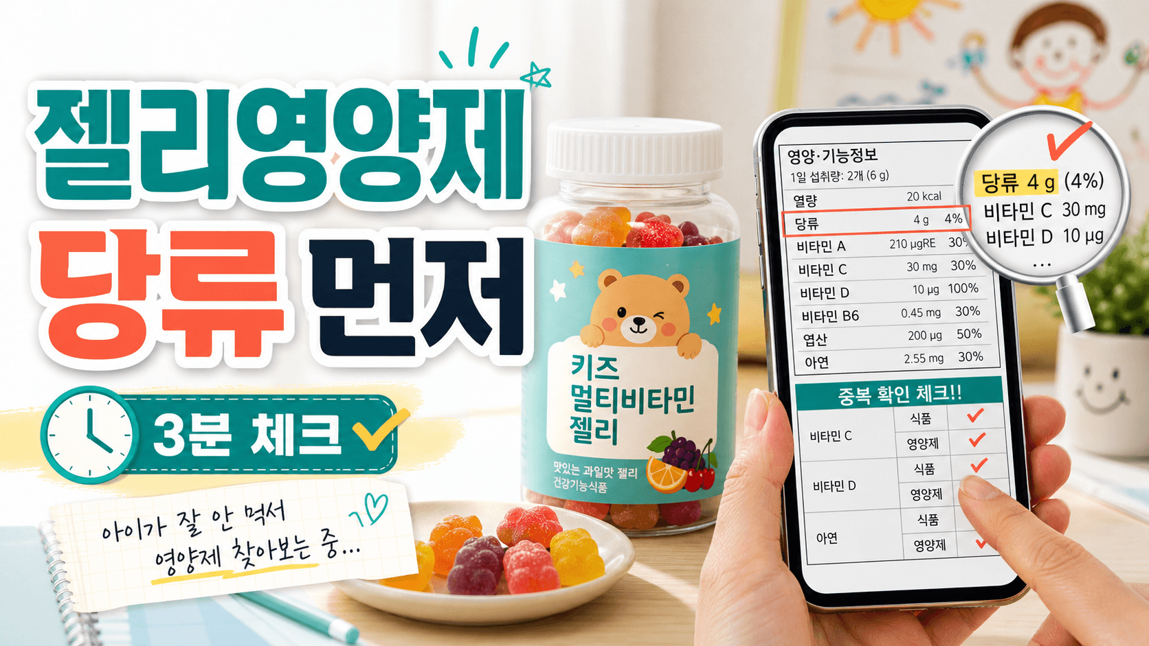 아이 밥 적게 먹어 젤리영양제, 당류·중복 3분 체크