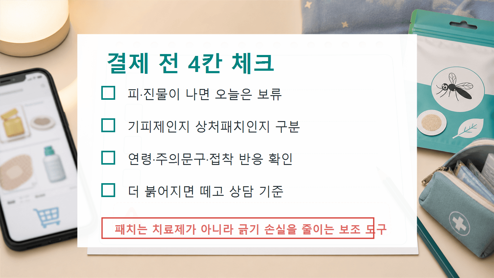 아이 모기패치 결제 전 피·진물, 제품 구분, 연령·주의문구, 더 붉어질 때 상담 기준을 확인하는 4칸 체크시트