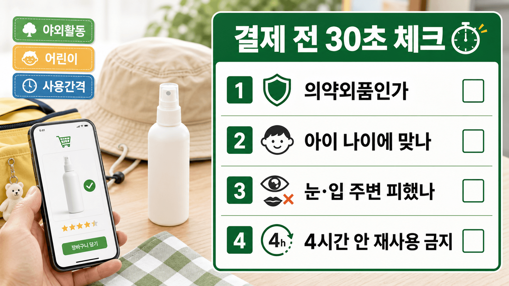 아이 모기기피제 결제 전 의약외품, 나이, 눈입 주변, 4시간 안 재사용 금지를 확인하는 30초 체크시트