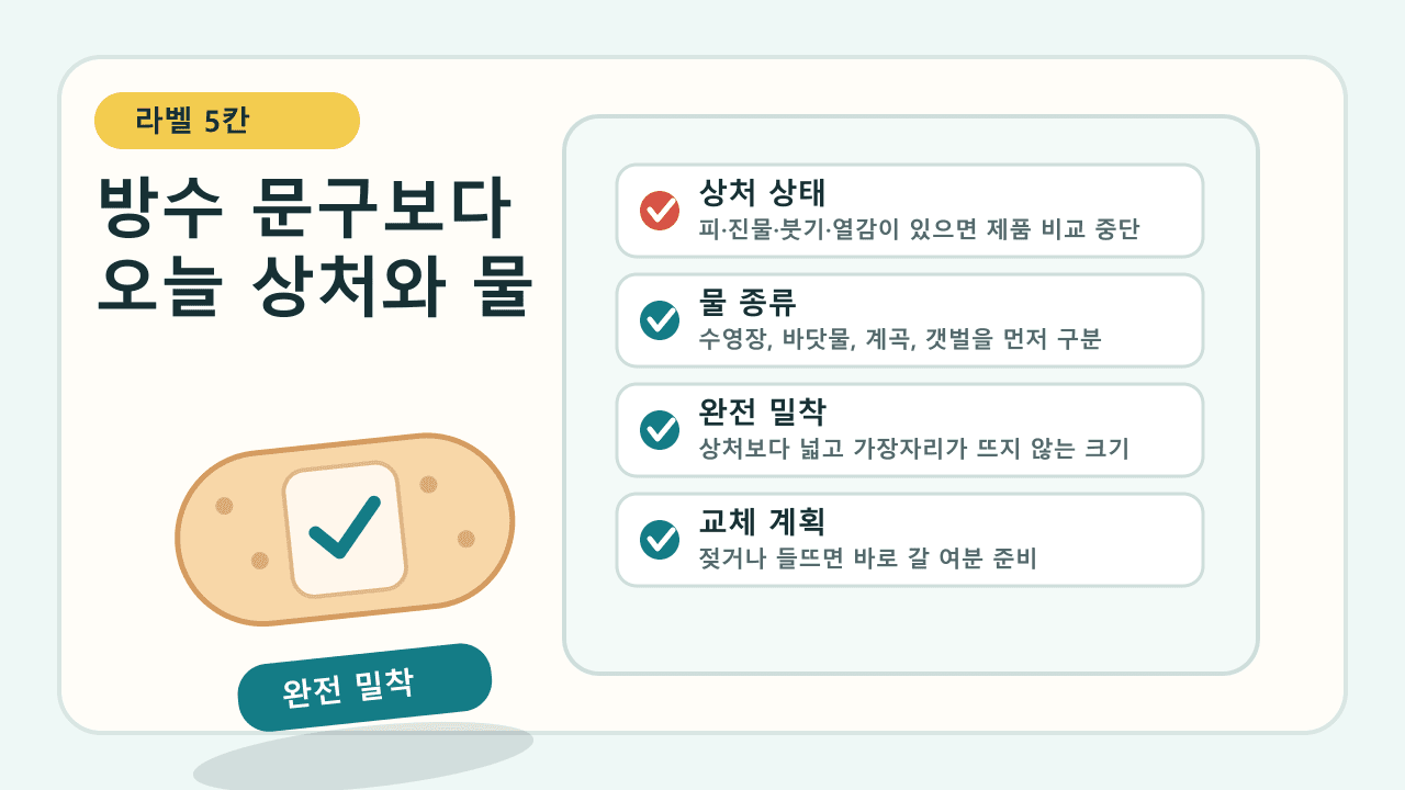 방수밴드 라벨에서 상처 상태, 물 종류, 완전 밀착, 교체 계획, 상담 신호를 나누어 보는 라벨 지도