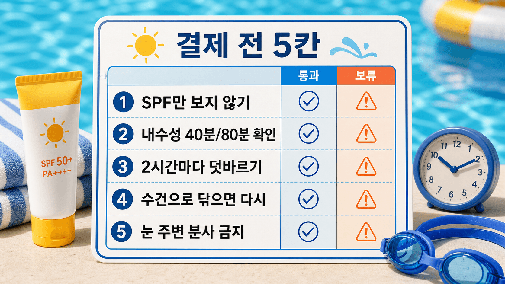 아이 물놀이 선크림 결제 전 SPF, 내수성, 2시간 재도포, 수건 뒤 재도포, 눈 주변 분사 금지를 확인하는 체크시트