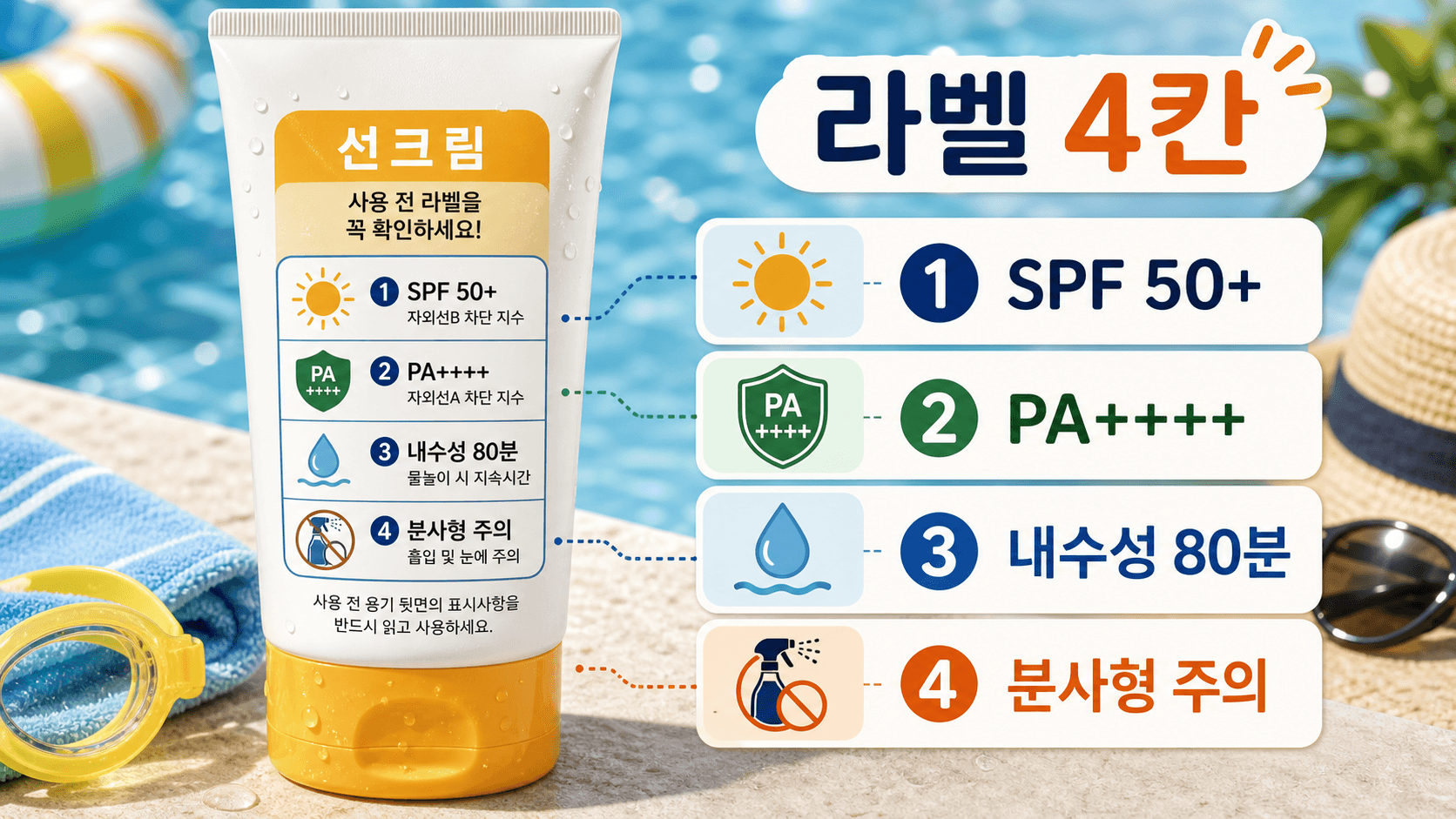 선크림 라벨에서 SPF50+, PA++++, 내수성 80분, 분사형 주의 표시를 확인하는 이미지