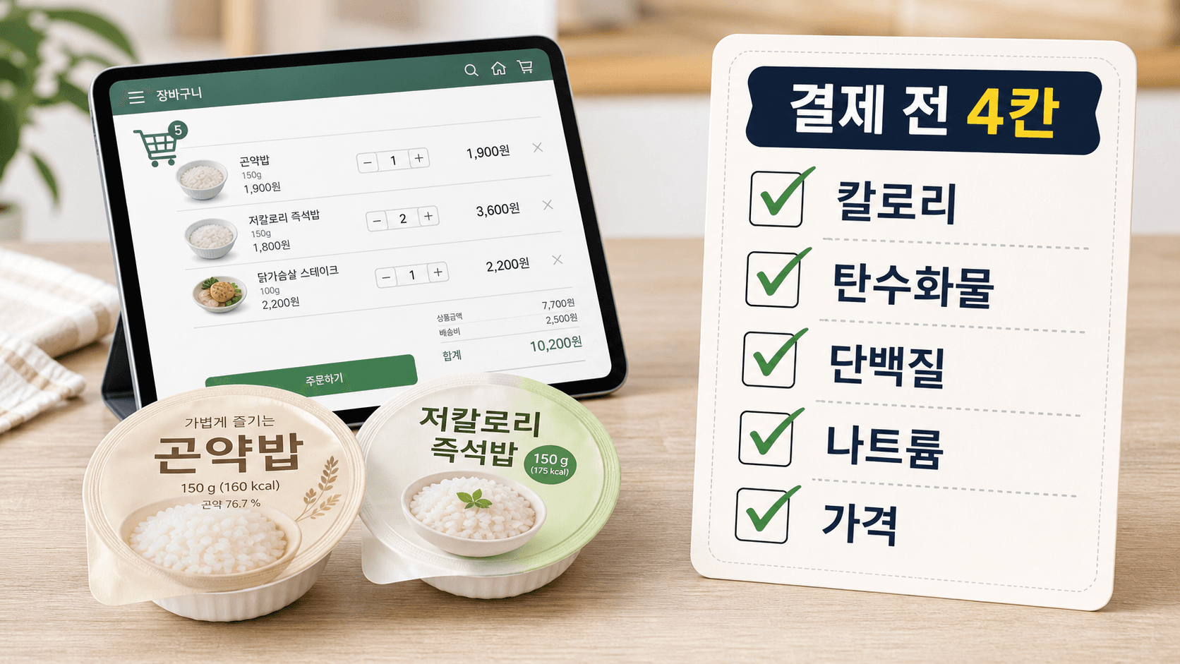 곤약밥 온라인 장바구니 옆에 칼로리, 탄수화물, 단백질, 나트륨, 가격을 확인하는 결제 전 체크리스트