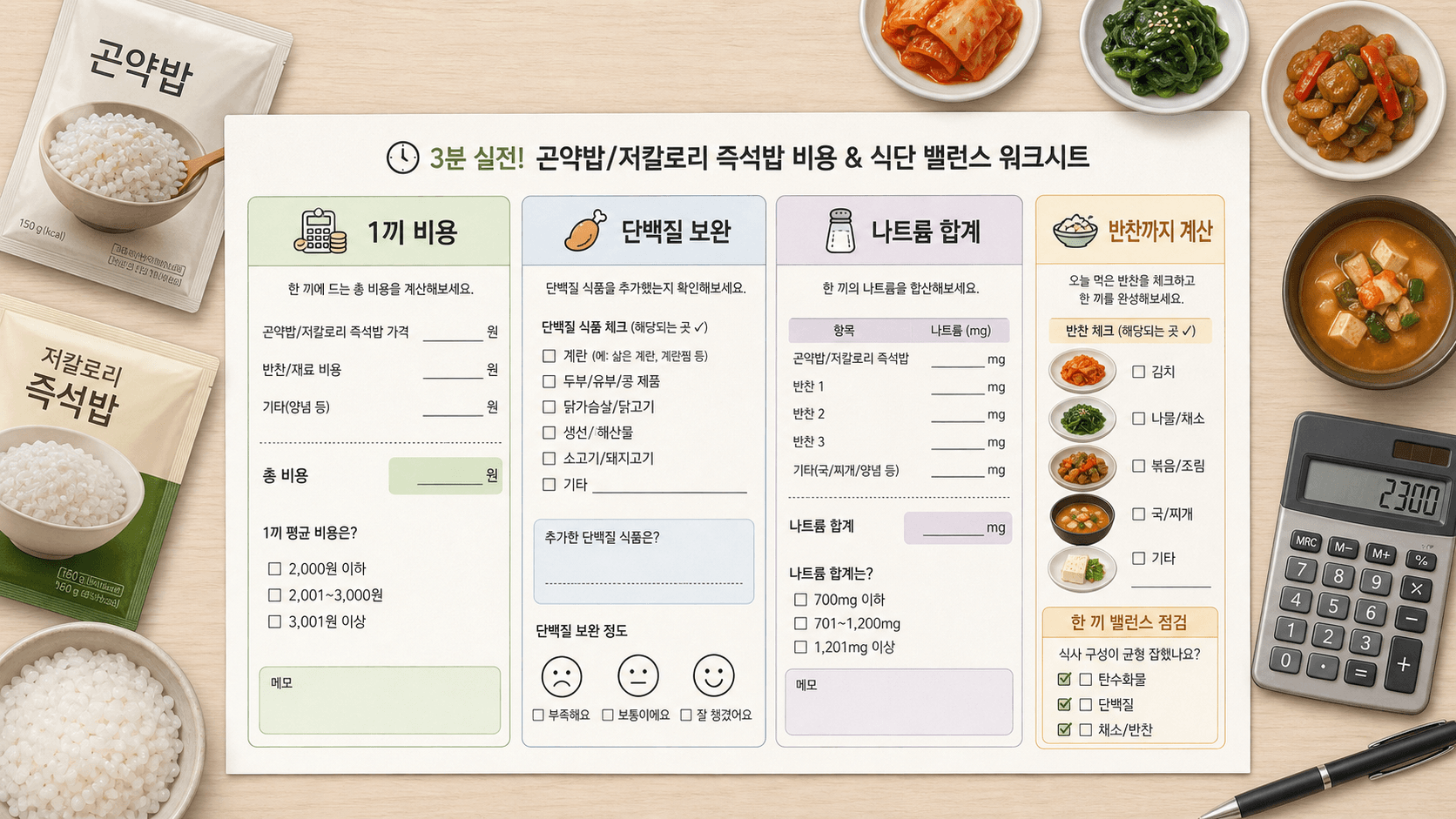 곤약밥 한 끼 비용, 단백질 보완, 나트륨 합계, 반찬 계산을 적는 워크시트