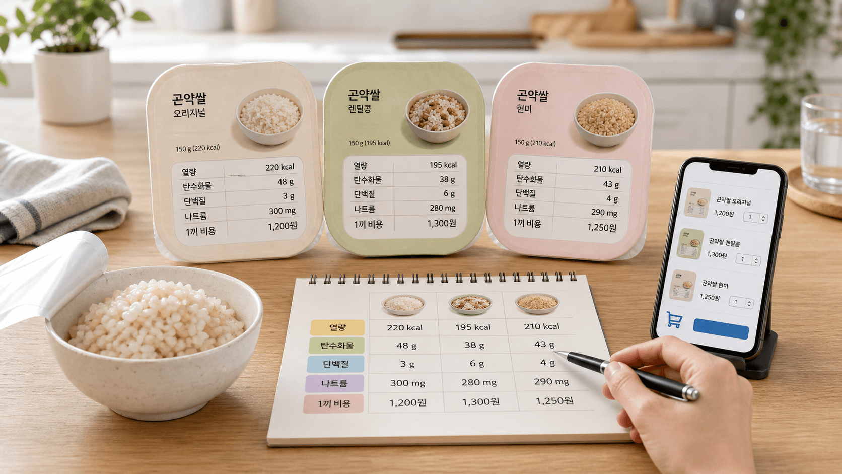 곤약밥과 저칼로리 즉석밥을 장바구니에 담기 전 열량, 탄수화물, 단백질, 나트륨, 1끼 비용을 비교하는 장면