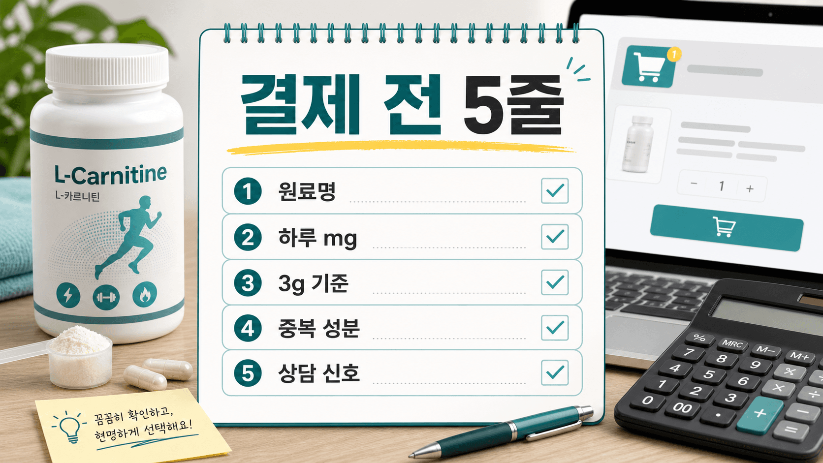 L-카르니틴 제품 결제 전 원료명, 하루 mg, 3g 기준, 중복 성분, 상담 신호를 채우는 5줄 체크시트