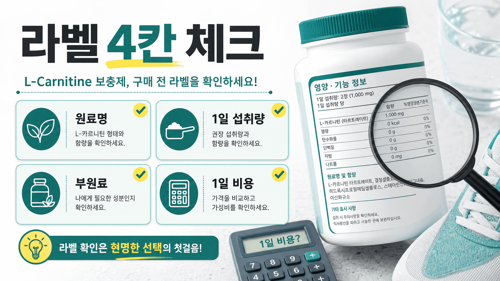 L-카르니틴 보충제 라벨에서 원료명, 1일 섭취량, 부원료, 1일 비용을 확인하는 라벨 4칸 체크 이미지