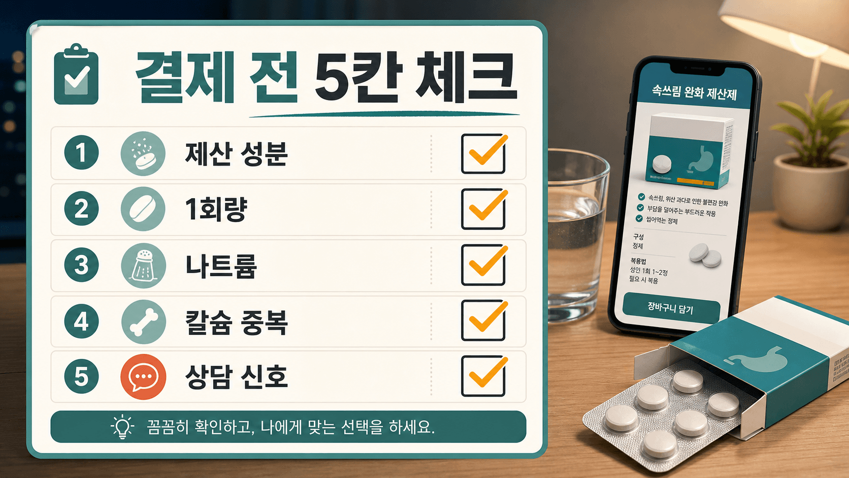 제산제 결제 전 제산 성분, 1회량, 나트륨, 칼슘 중복, 상담 신호를 확인하는 5칸 체크리스트