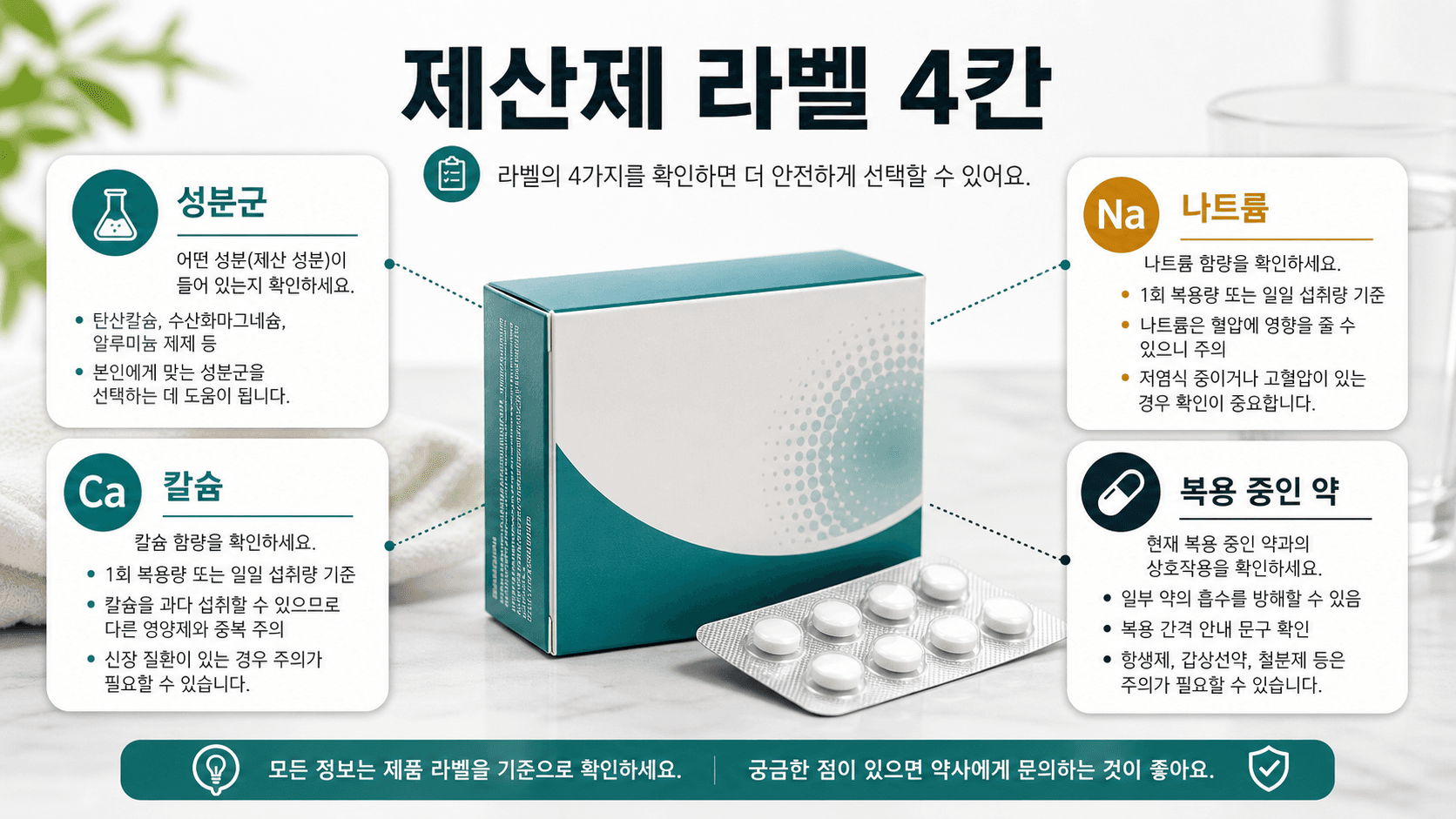 제산제 라벨에서 성분군, 나트륨, 칼슘, 복용 중인 약을 확인하는 4칸 라벨맵
