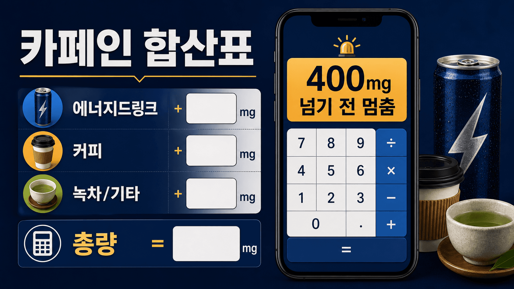 에너지드링크, 커피, 녹차나 기타 카페인원을 더해 총량을 확인하는 카페인 합산표