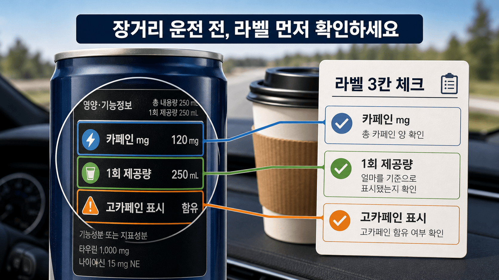 에너지드링크 라벨에서 카페인 mg, 1회 제공량, 고카페인 표시를 확인하는 라벨 지도