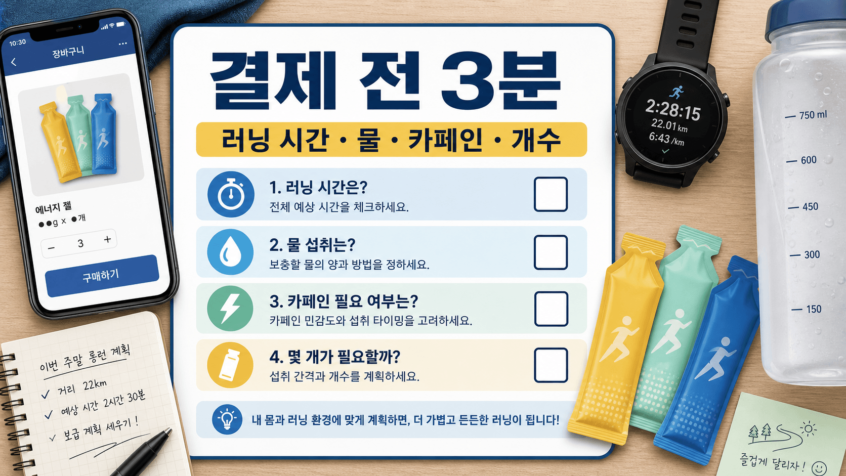에너지젤 결제 전 러닝 시간, 물, 카페인, 개수를 확인하는 3분 체크 워크시트