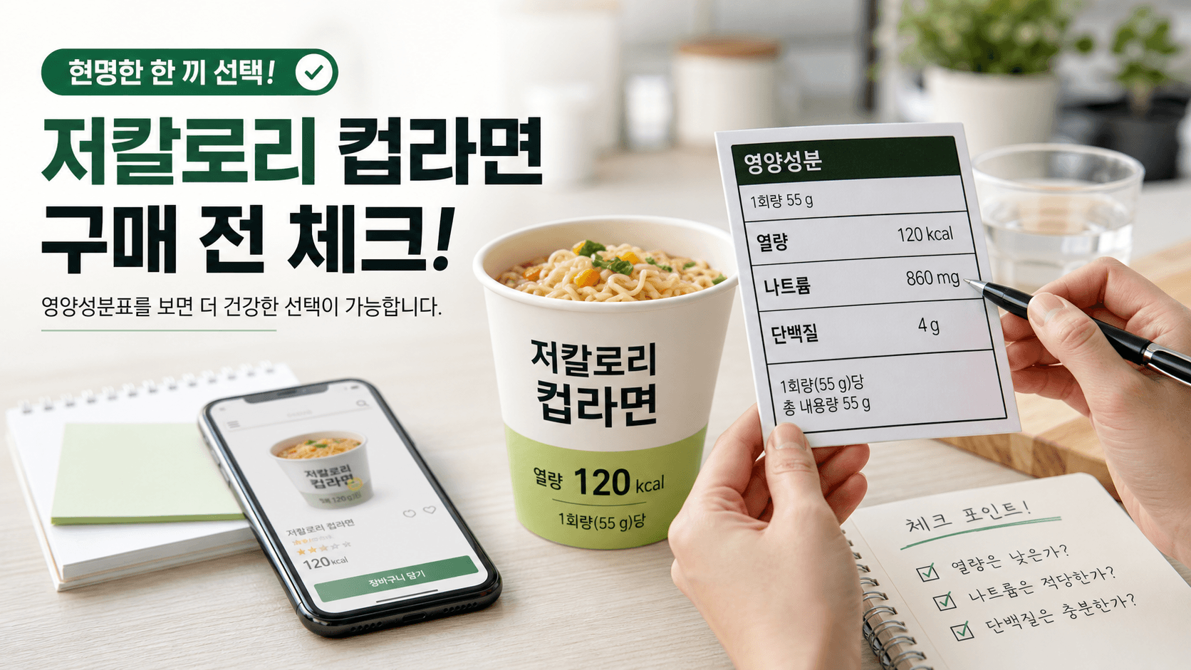 저칼로리 컵라면을 장바구니에 담기 전 영양성분표에서 열량, 나트륨, 단백질을 확인하는 장면