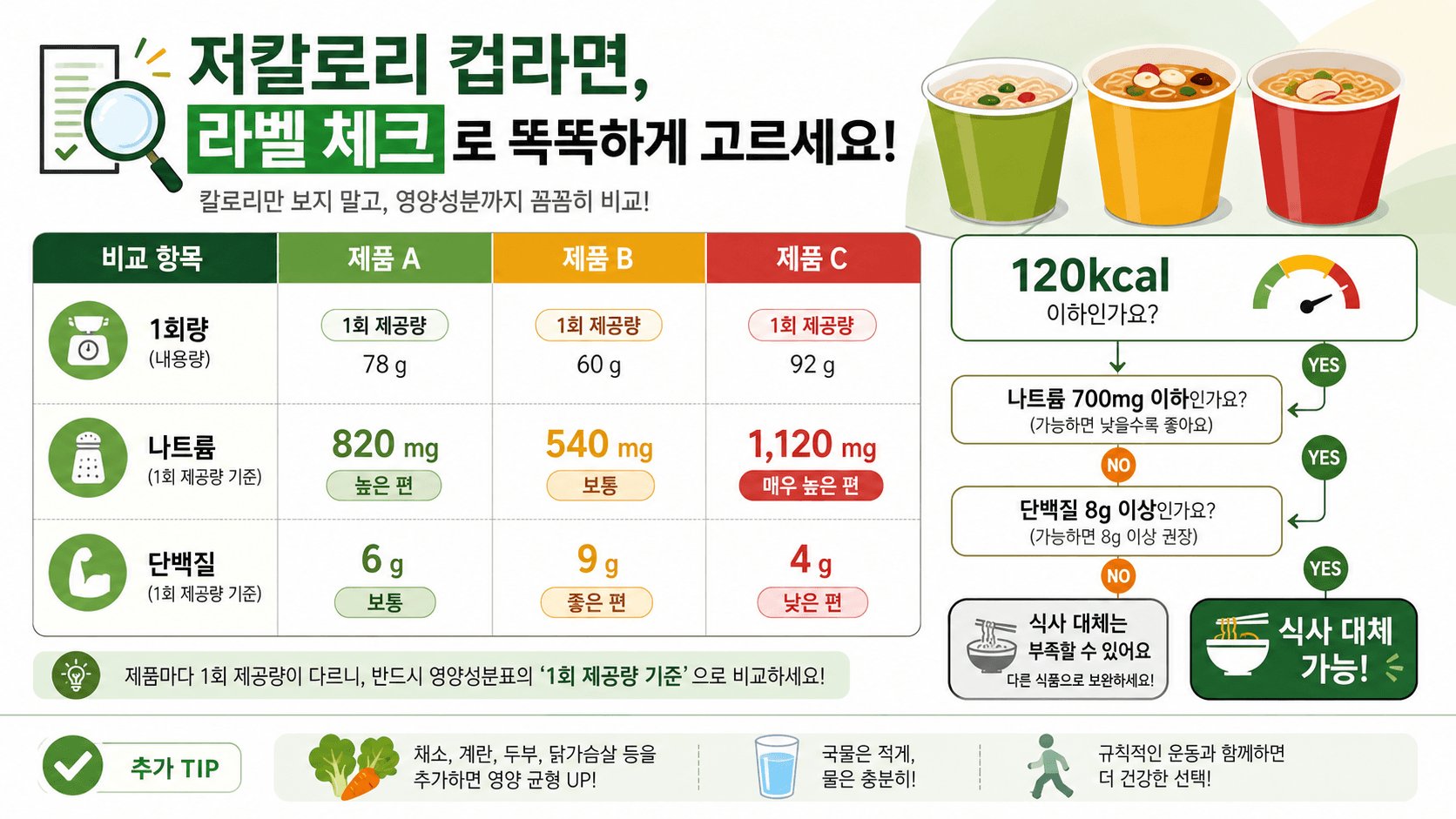 저칼로리 컵라면을 1회량, 나트륨, 단백질 기준으로 비교하는 워크시트