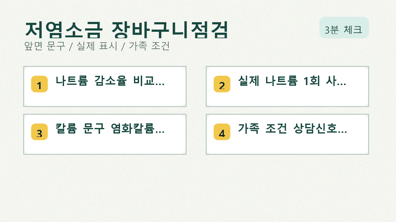 저염소금 봉지, 영양성분표 카드, 원재료명 칸, 가족 메모, 계산기를 책상 위에 놓고 비교하는 장바구니 장면