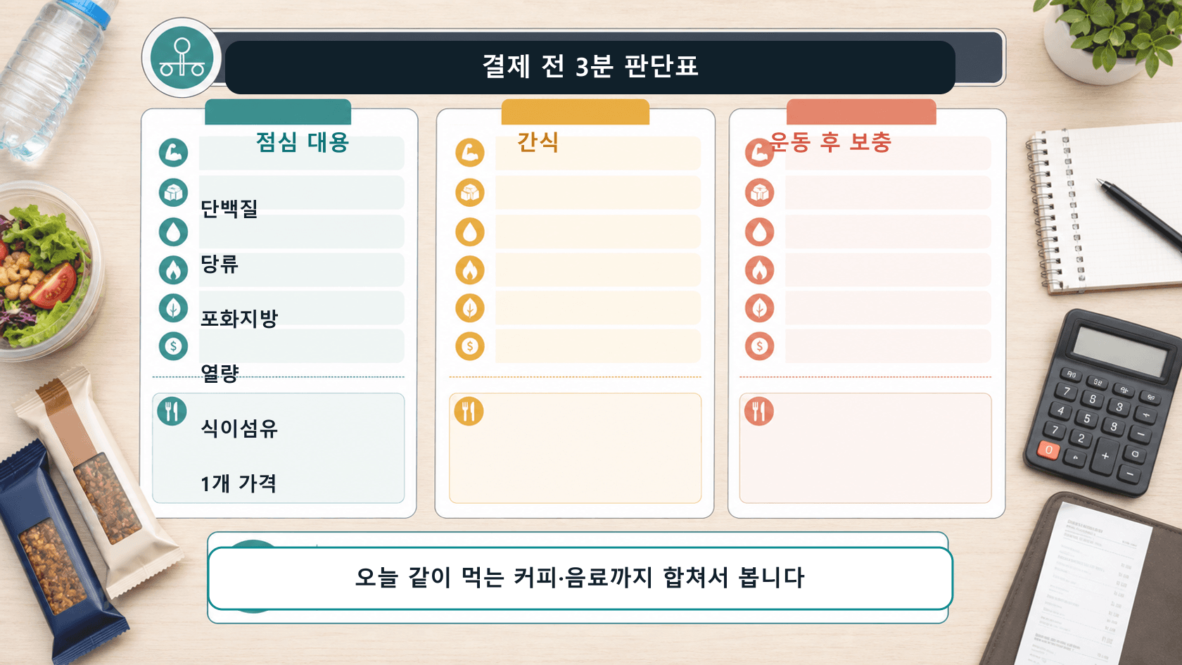 단백질바를 점심 대용, 간식, 운동 후 보충으로 나누어 결제 전 확인하는 판단표