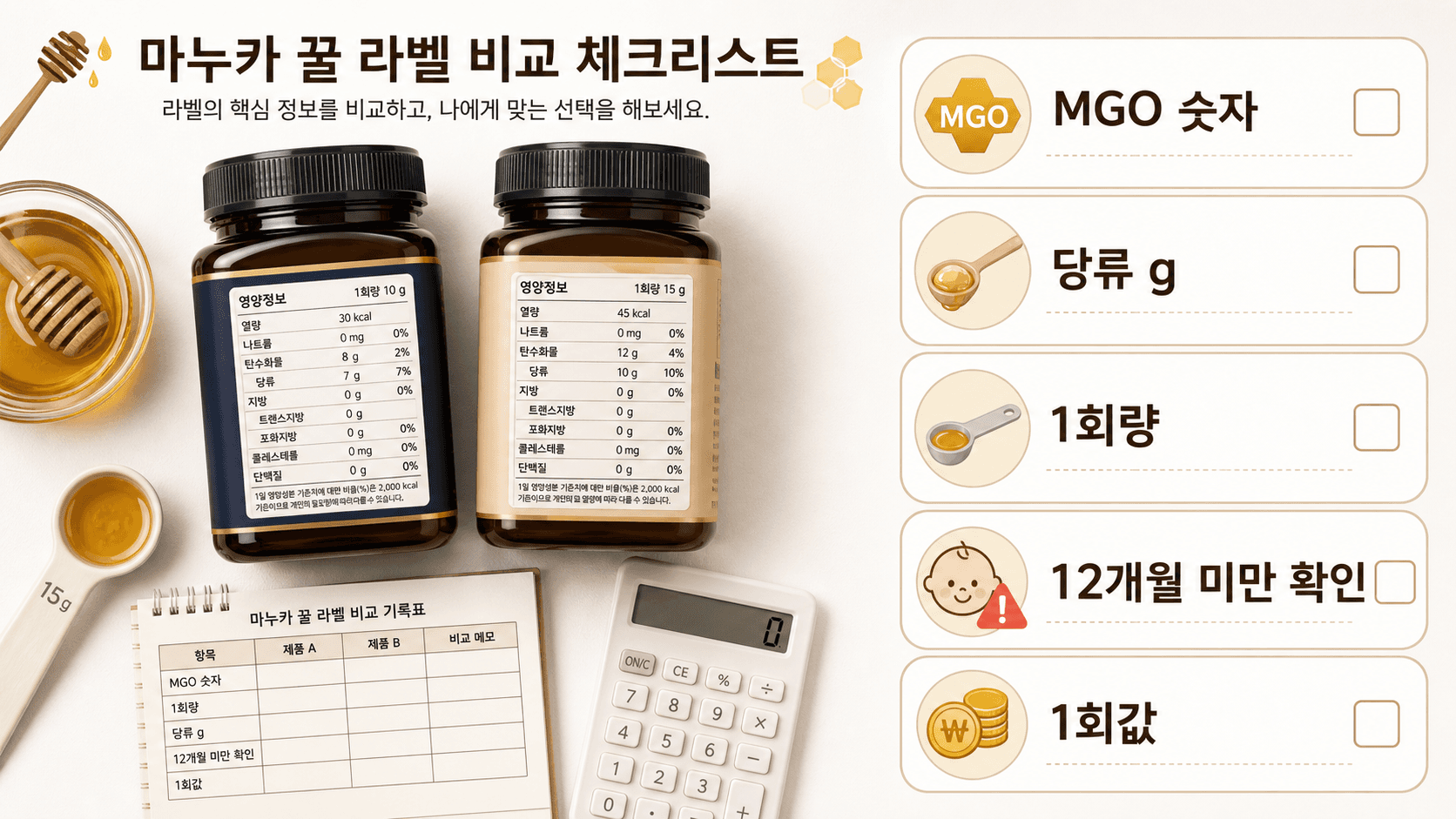 마누카꿀 두 병의 MGO 숫자, 당류 g, 1회량, 12개월 미만 확인, 1회값을 비교하는 라벨 체크리스트