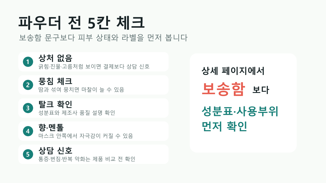 파우더 제품 상세 페이지에서 상처 없음, 뭉침 없음, 탈크 표시, 향과 멘톨, 상담 신호를 확인하는 5칸 체크 이미지