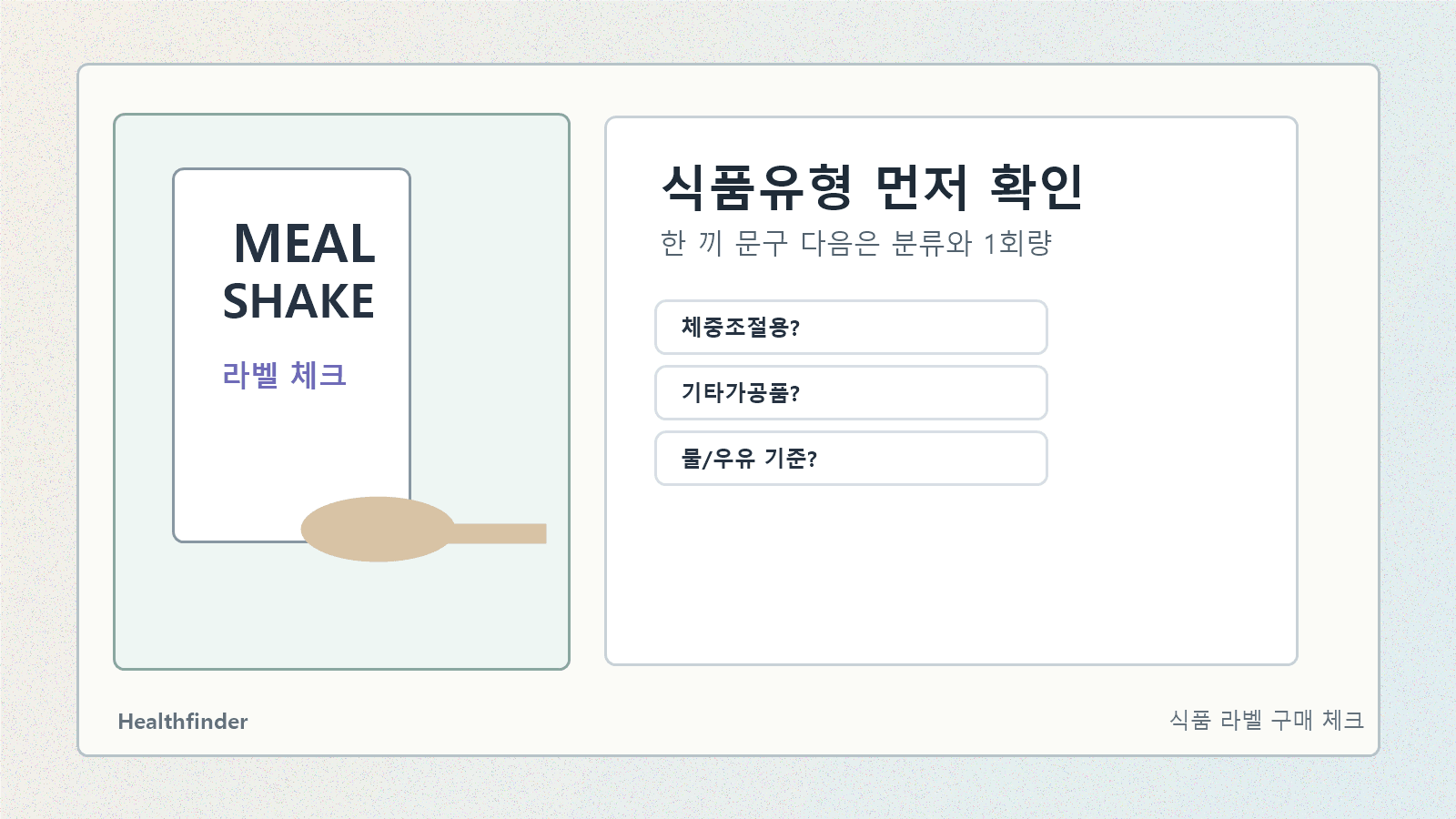 쉐이크 앞면의 한 끼 문구에서 식품유형, 1회 섭취량, 물 또는 우유 기준으로 시선을 옮기는 라벨 지도