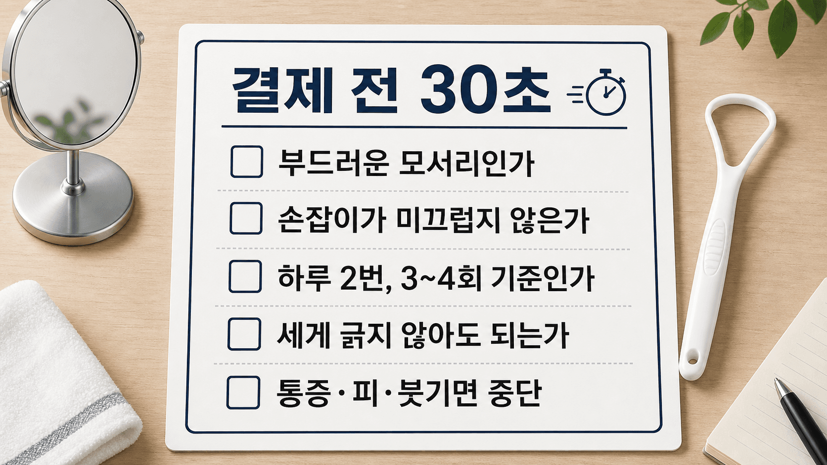 혀클리너 결제 전 30초 동안 부드러운 모서리, 손잡이, 사용 횟수, 압력, 중단 신호를 확인하는 체크리스트