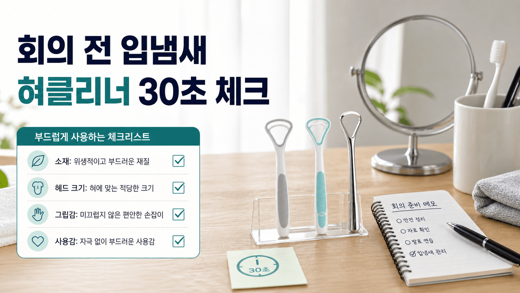 회의 전 입냄새 혀클리너, 세게 긁기 전 30초 체크
