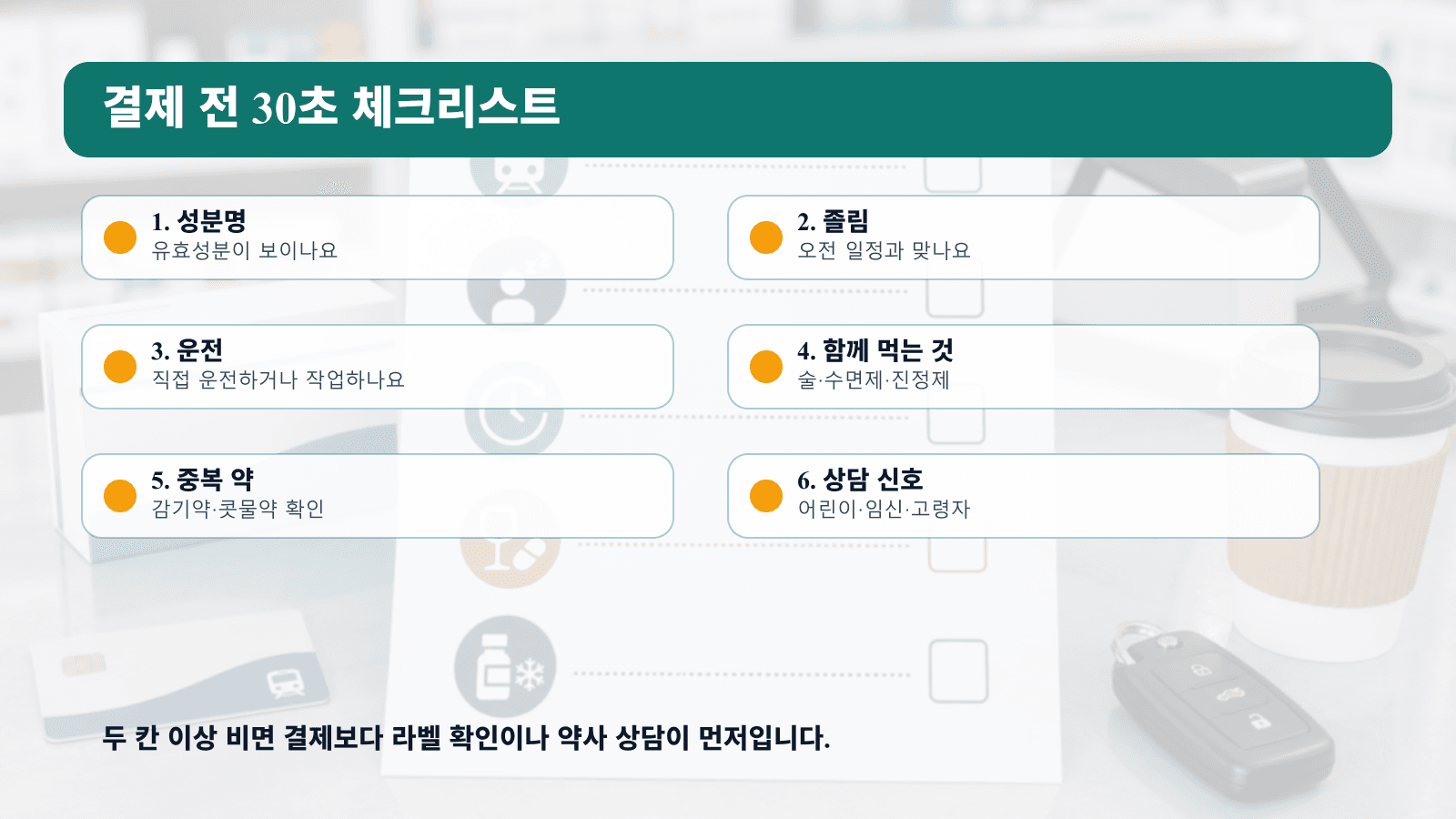 출근 전 알레르기약을 사기 전에 졸림, 운전, 24시간 복용 기준, 술과 수면제, 감기약 중복을 확인하는 5칸 체크리스트