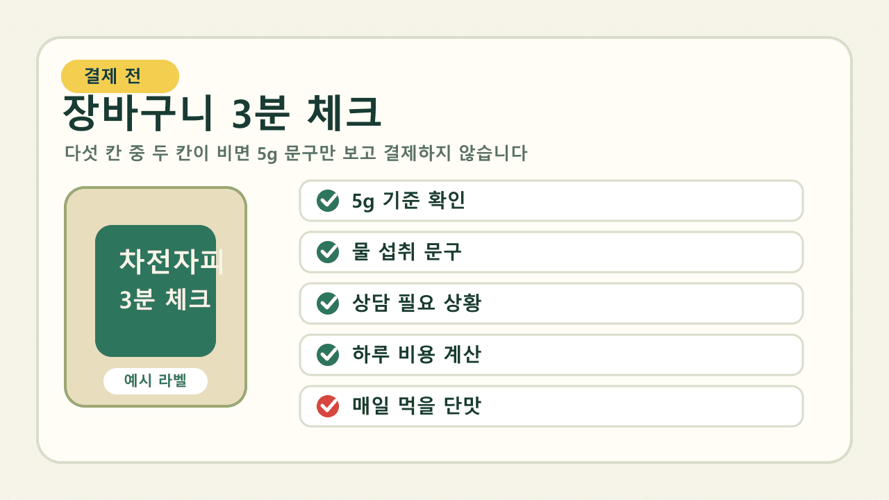 차전자피 식이섬유 분말 구매 전 5g 기준, 물, 약 복용 간격, 1회 비용을 확인하는 체크리스트
