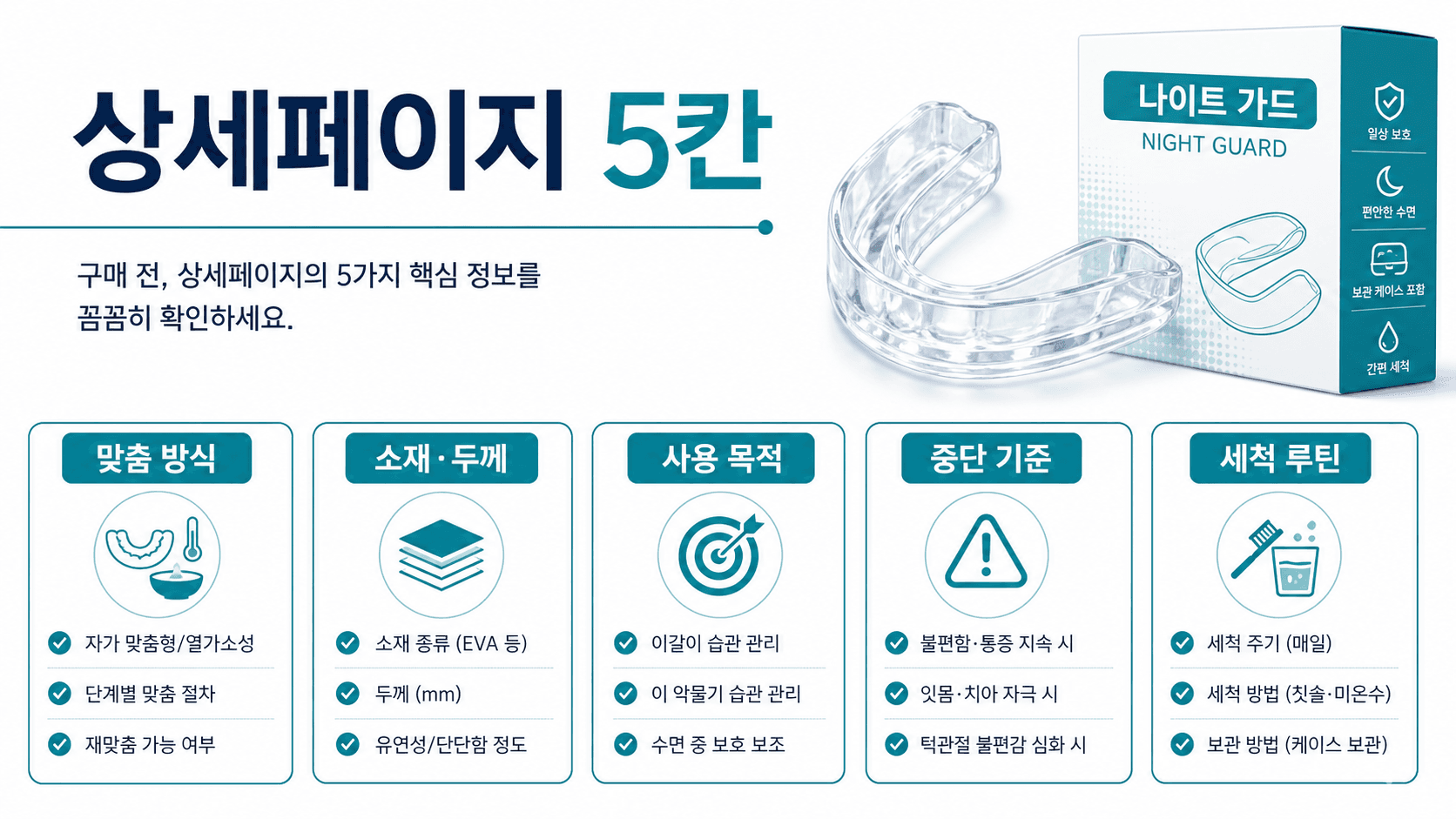 수면용 마우스피스 상세페이지에서 맞춤 방식, 소재, 두께, 수면 주장, 세척 루틴을 확인하는 라벨 지도