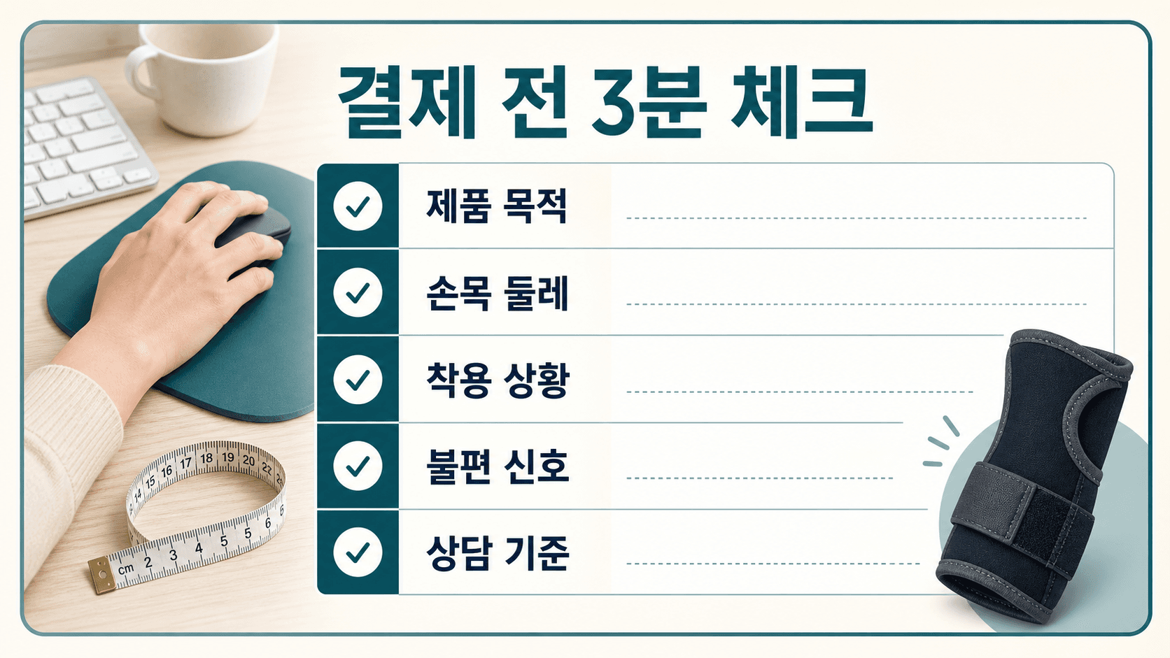 손목보호대 결제 전 용도, 의료기기 표시, 손목 둘레, 착용 시간, 상담 신호를 적는 워크시트