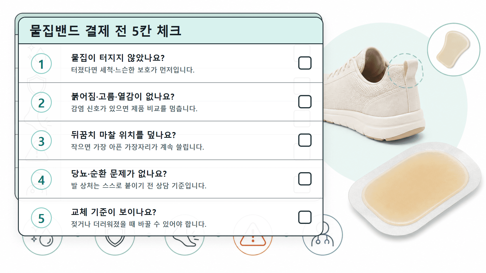 물집밴드 결제 전 물집 상태, 감염 신호, 뒤꿈치 마찰 위치, 당뇨와 순환 문제, 교체 기준을 확인하는 5칸 체크시트