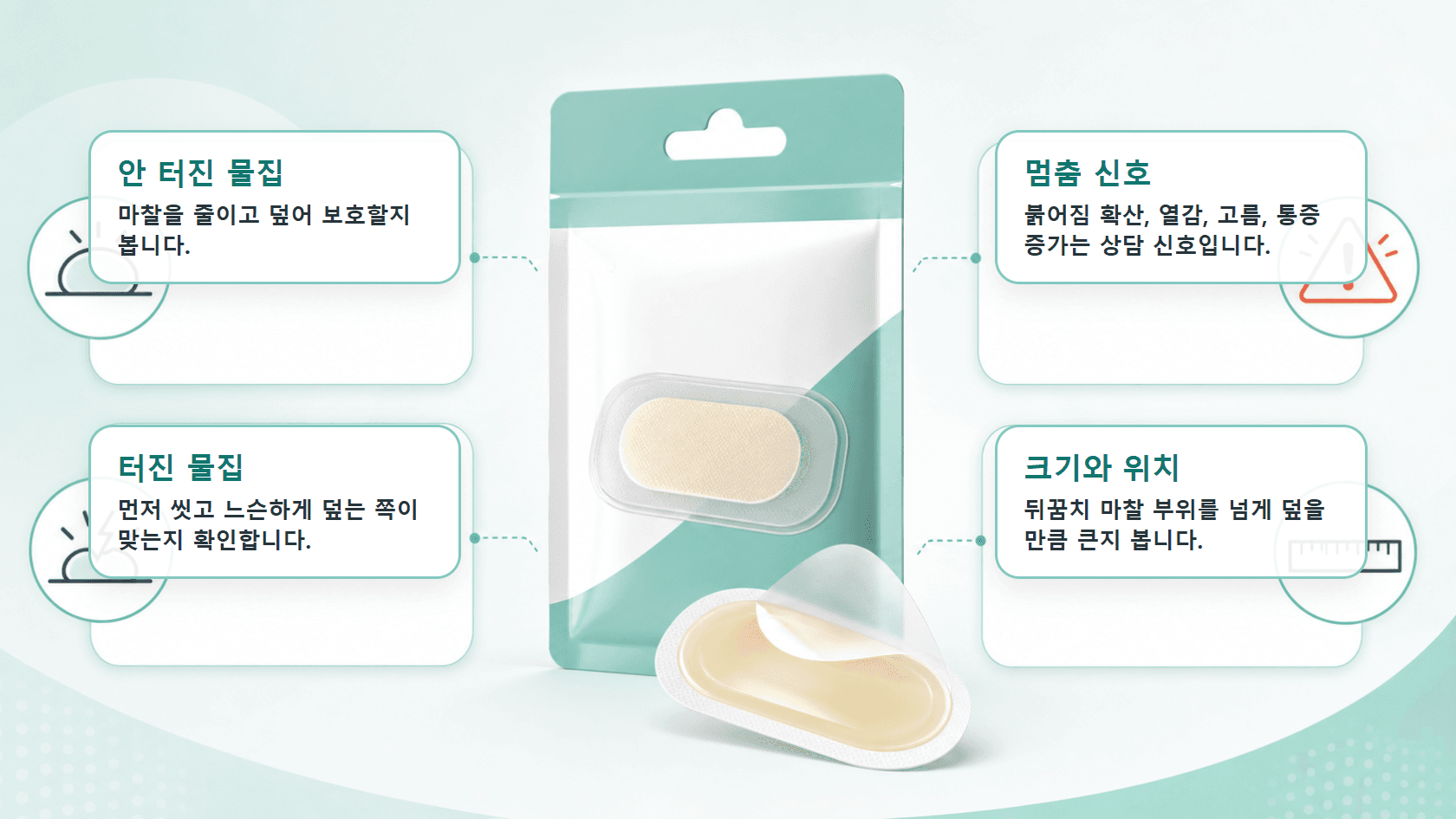 하이드로콜로이드 물집밴드 상품 화면에서 안 터진 물집, 터진 물집, 멈춤 신호, 크기를 나눠 보는 라벨 지도