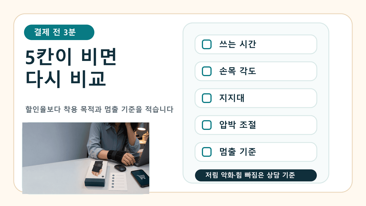 손목보호대 결제 전 중립 고정, 지지대, 압박, 수면 사용, 상담 신호를 확인하는 3분 체크시트