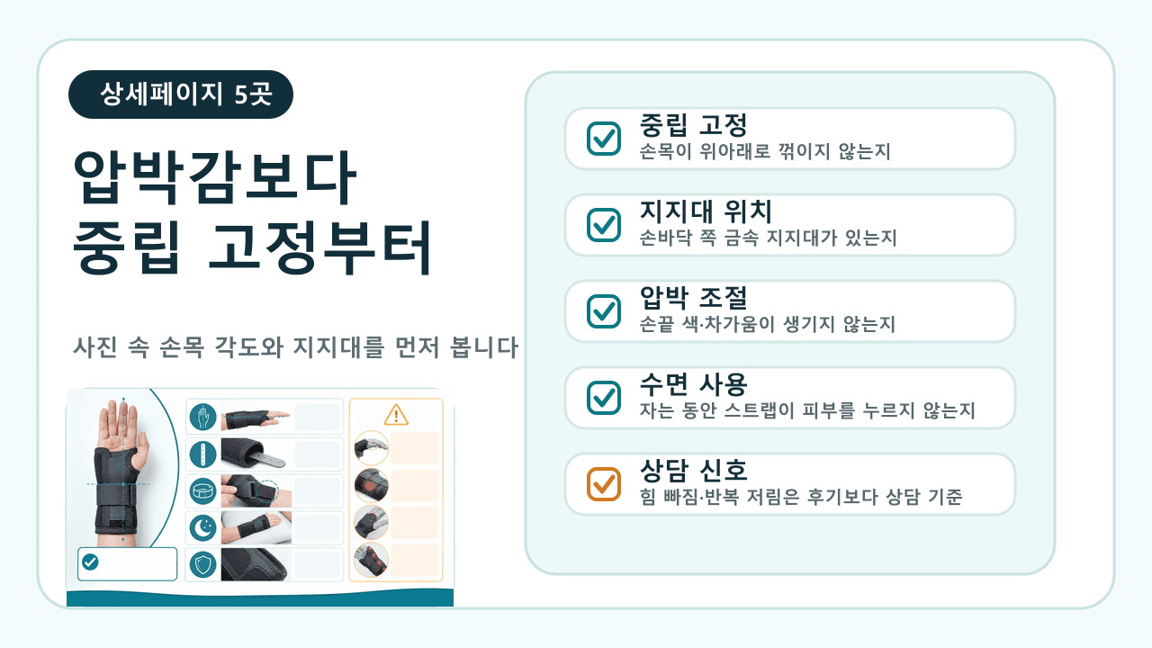 손목보호대 상세페이지에서 중립 고정, 지지대, 스트랩, 수면 사용, 상담 신호를 확인하는 라벨 지도