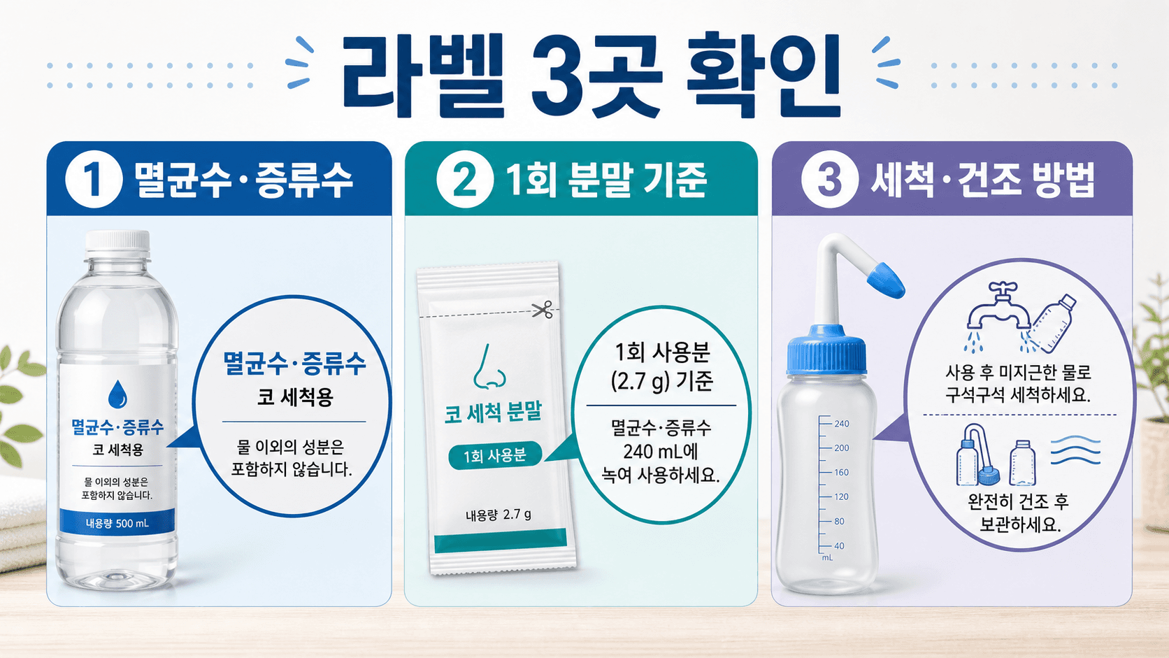 코세척 키트 상세페이지에서 멸균수와 증류수, 1회 분말 기준, 세척과 건조 방법을 확인하는 라벨 지도