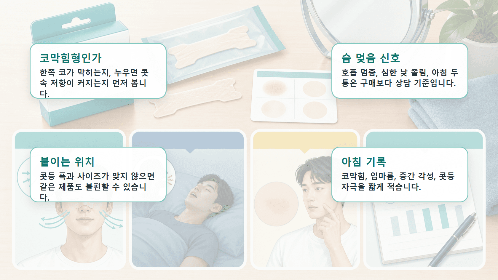 비강확장밴드를 고를 때 코막힘형, 수면무호흡 의심 신호, 접착 자극, 아침 기록을 나눠 보는 4칸 지도