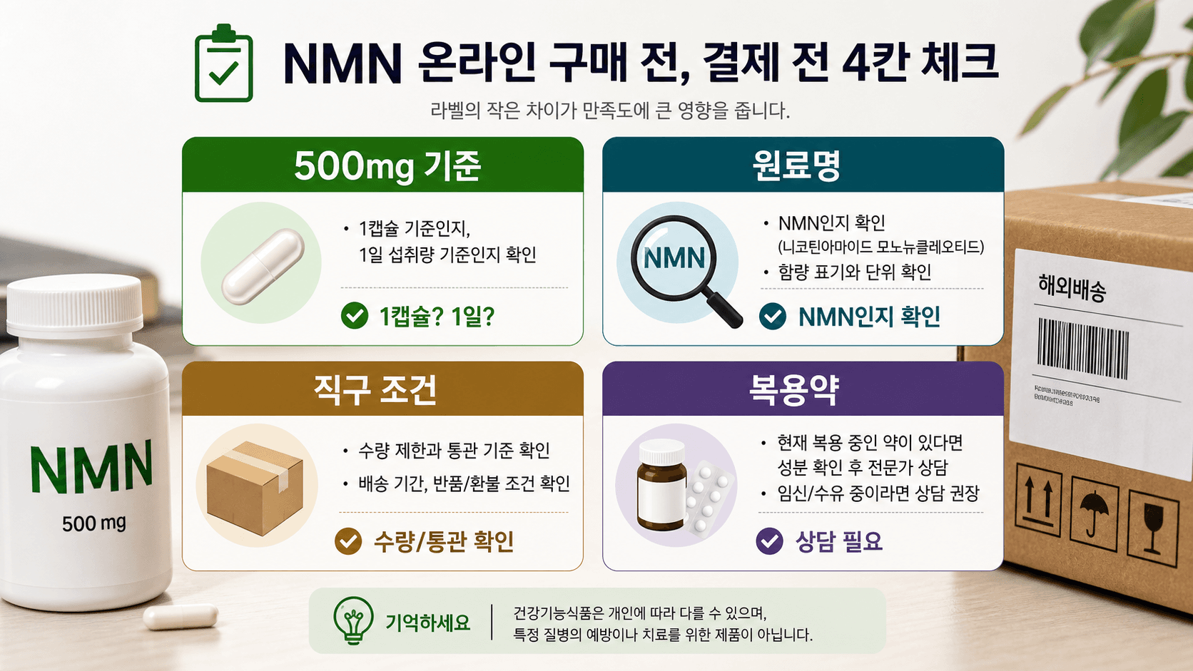 NMN 500mg 직구 제품 결제 전 원료명, 수량, 통관, 복용약을 확인하는 체크 워크시트