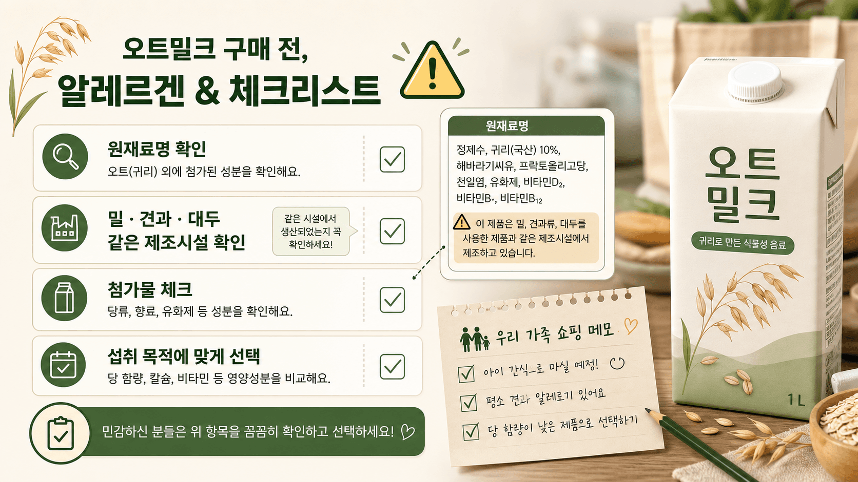 오트밀크 원재료명과 밀, 견과, 대두 같은 제조시설 표시를 확인하는 알레르기 체크 이미지