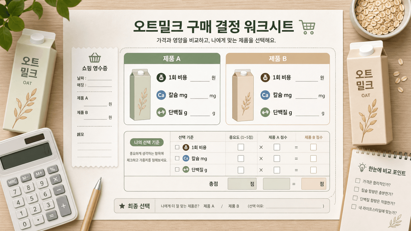 오트밀크 두 제품의 1회 비용, 칼슘 mg, 단백질 g을 비교하는 구매 결정 워크시트