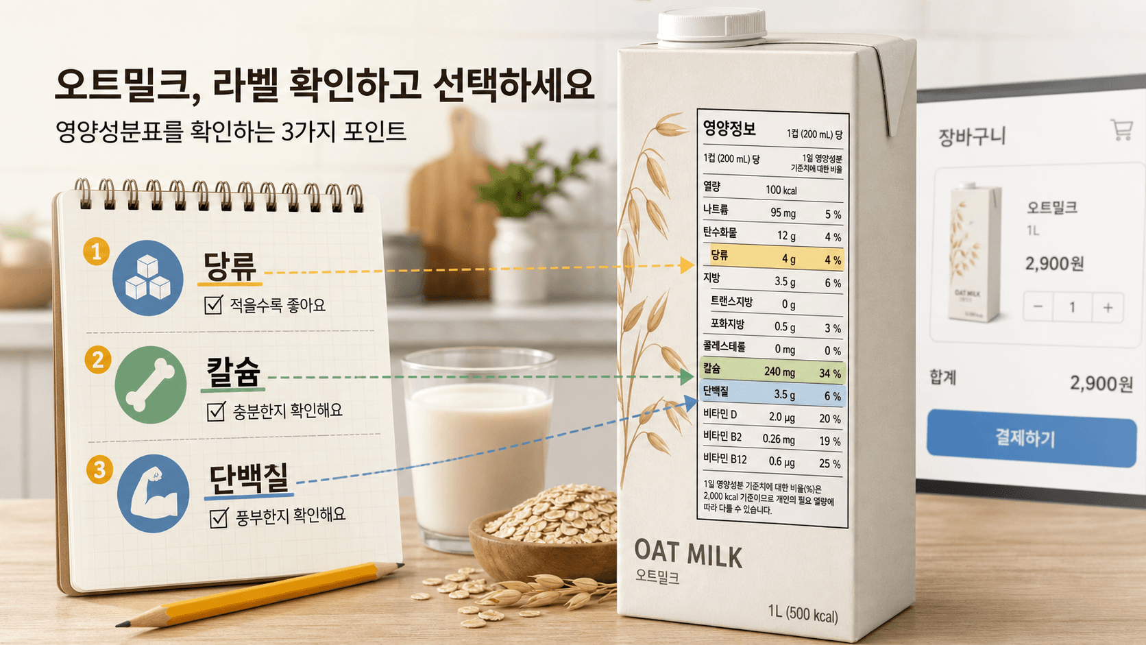 오트밀크 영양성분표에서 당류, 칼슘, 단백질을 먼저 확인하는 라벨 체크 장면