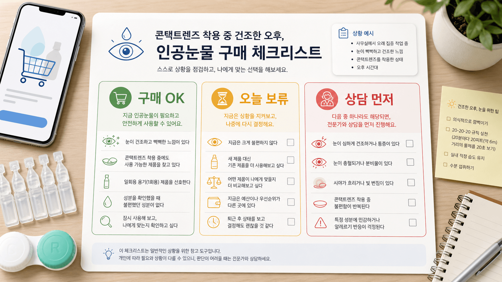 콘택트렌즈 착용자가 인공눈물 구매 전 구매 OK, 오늘 보류, 상담 먼저로 나누는 체크리스트