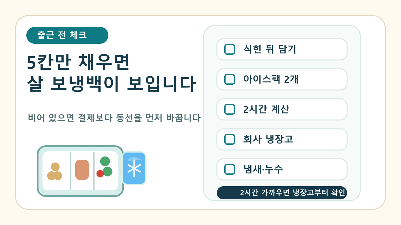 출근 전 도시락 보냉백 구매를 위해 식힌 뒤 담기, 아이스팩 2개, 2시간 계산, 회사 냉장고, 냄새와 누수를 확인하는 체크시트
