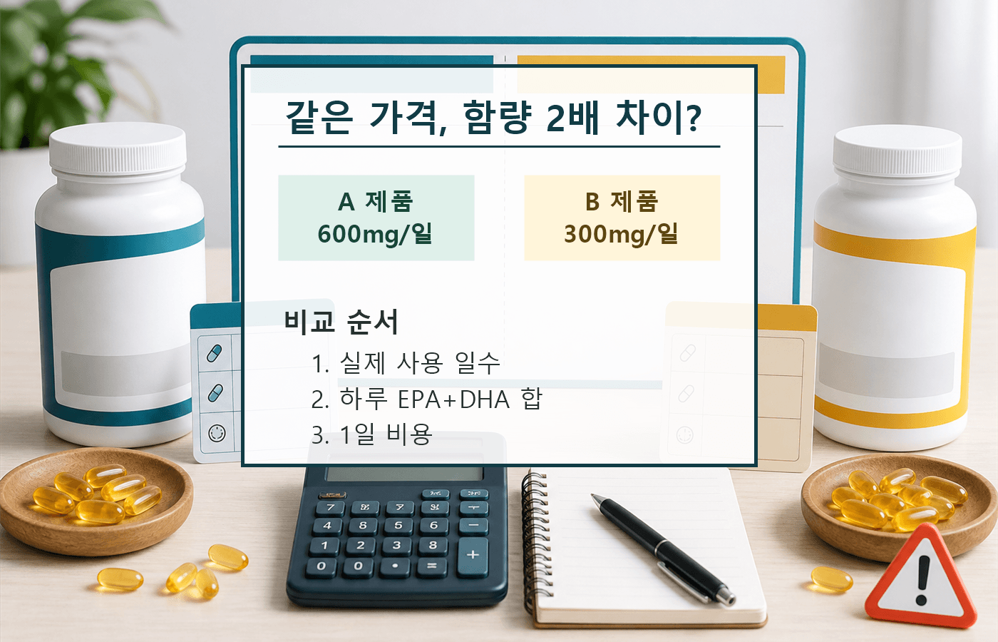 오메가3 제품의 가격을 EPA+DHA 1일 섭취량 기준으로 계산하는 표