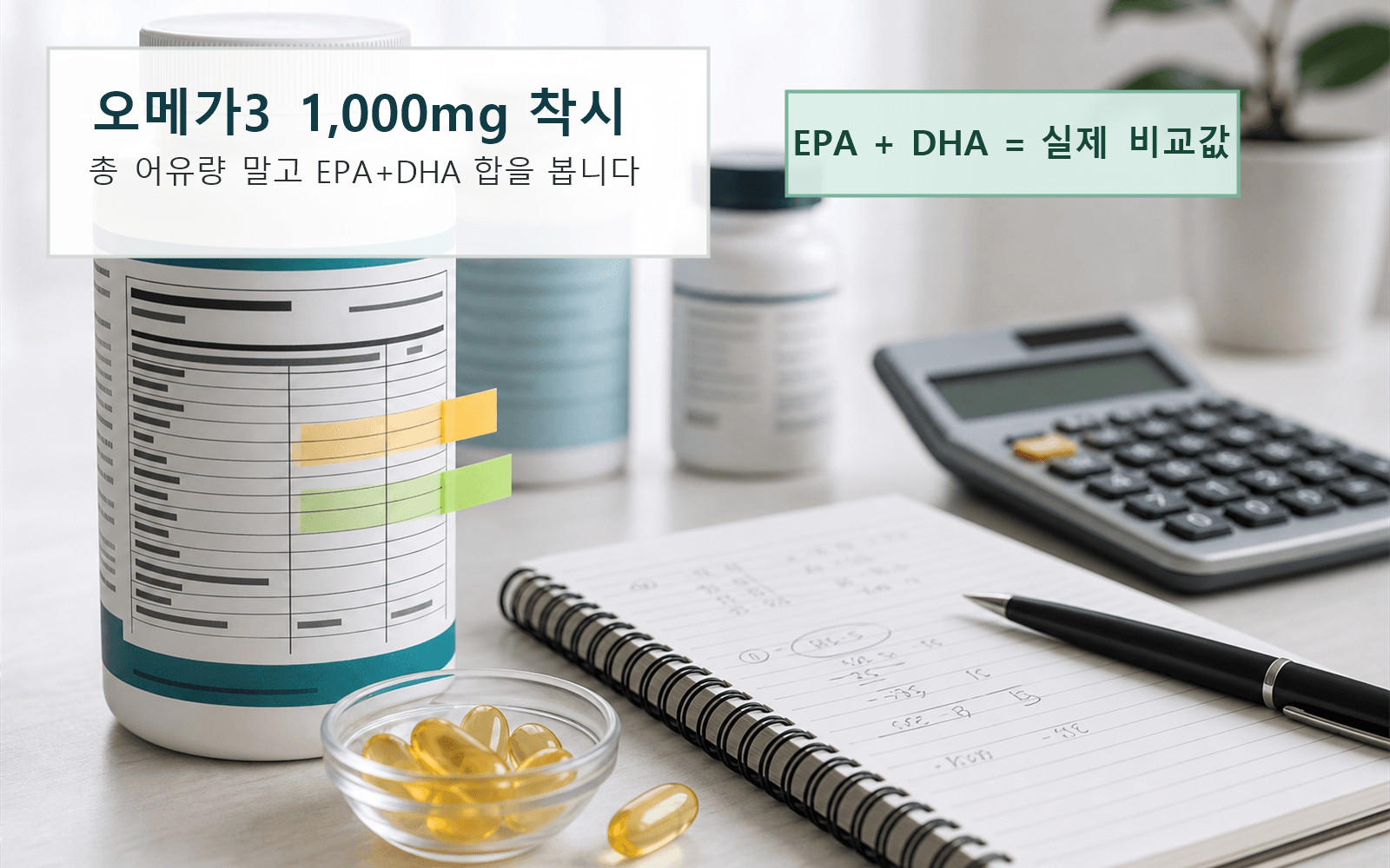 오메가3 제품 라벨에서 EPA, DHA, 1일 섭취량, 비용을 비교하는 장면